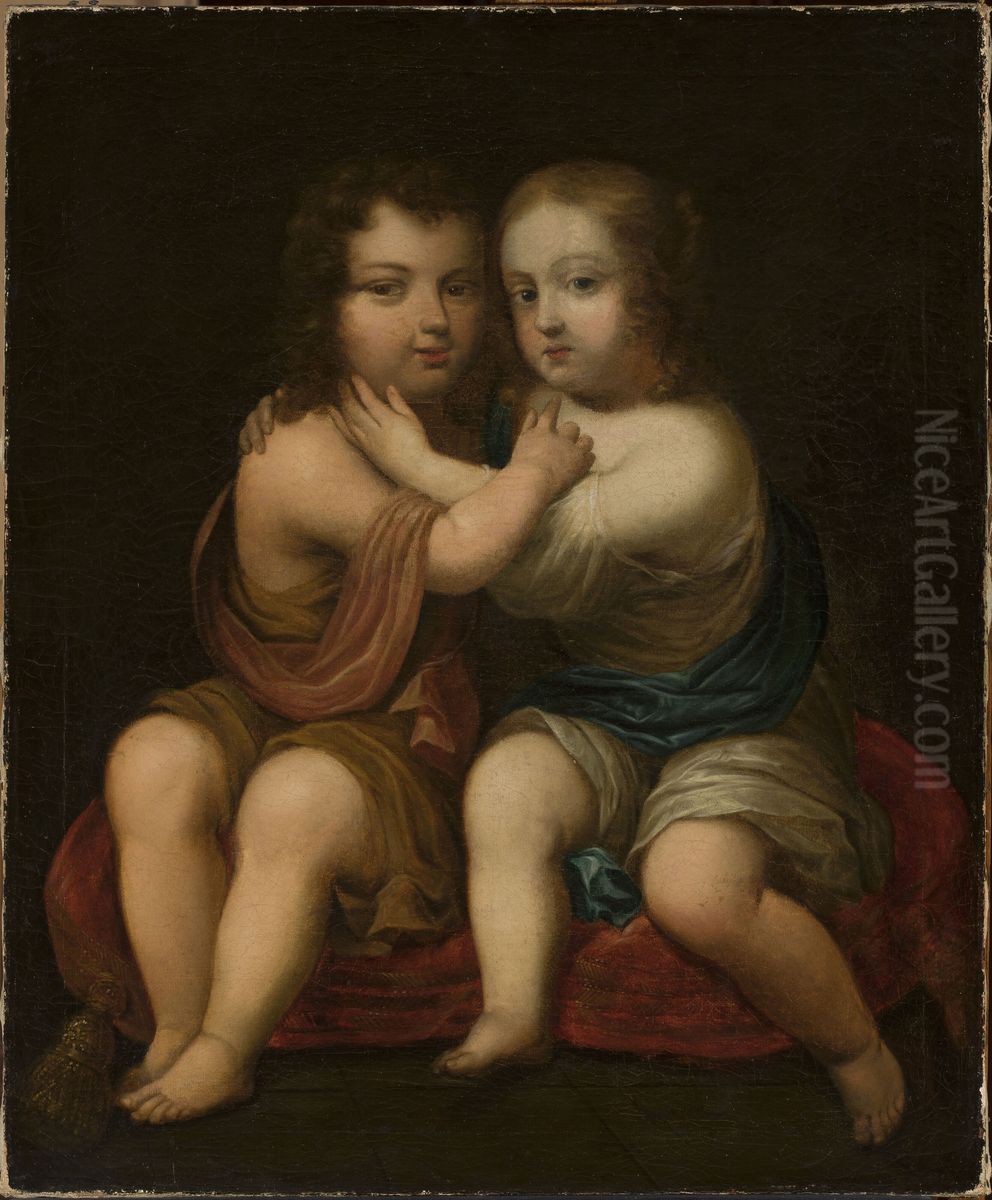 Portrait of Two Children (Louis XIV with his milk sister) Oil Painting by Pierre Mignard I
