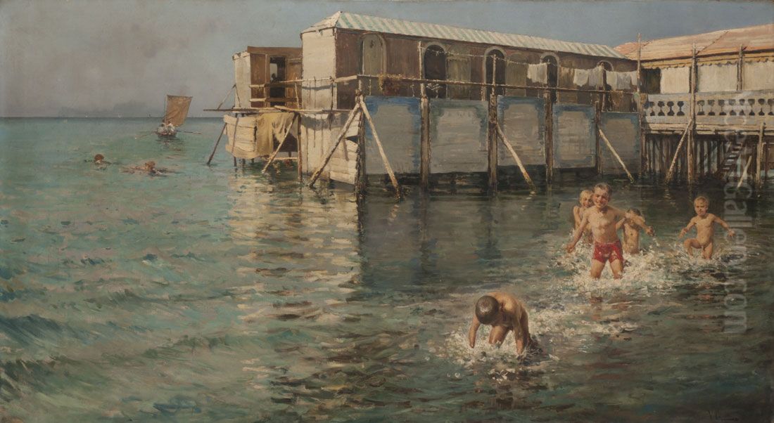 Swimming in the sea Oil Painting by Vincenzo Caprile