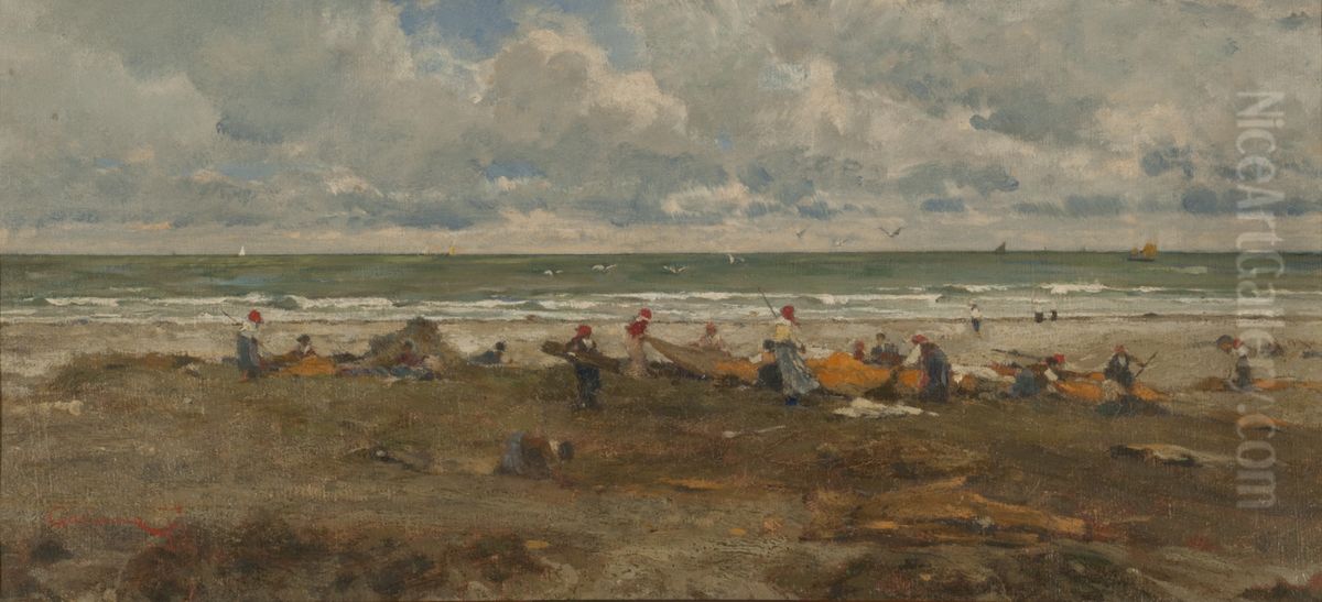 Fishermen on the beach Oil Painting by Filippo Carcano