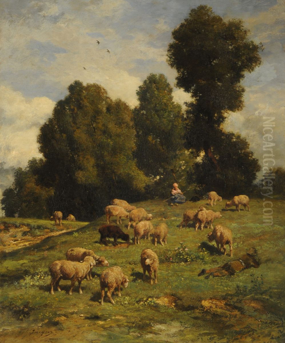 Carneros pastando Oil Painting by Charles Jacque