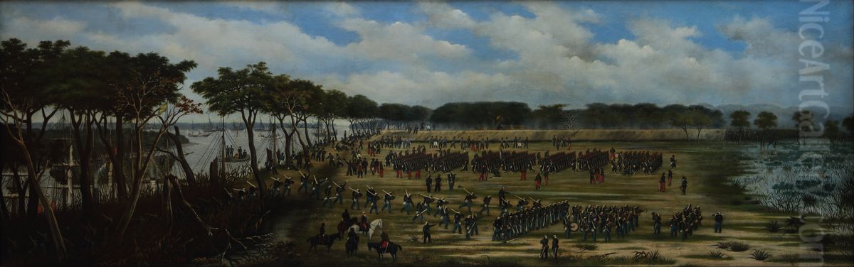 Desembarco del Ejercito Argentino frente a las trincheras de Curuzu Oil Painting by Luis Candido Lopez