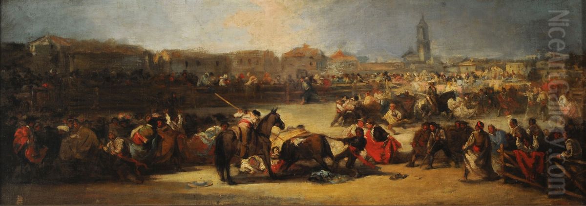 Bullfight in a village Oil Painting by Lucas Velazquez