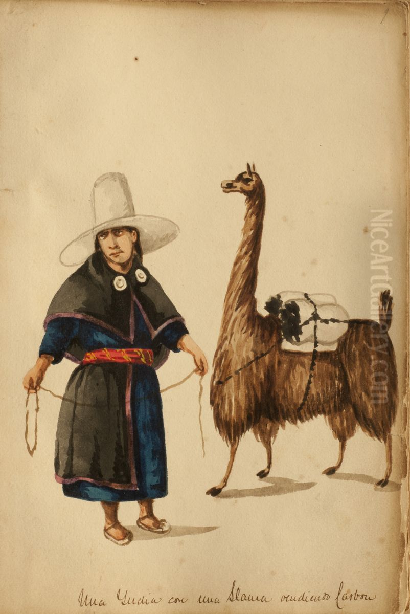 An Indian with a llama selling coal Oil Painting by Pancho Fierro