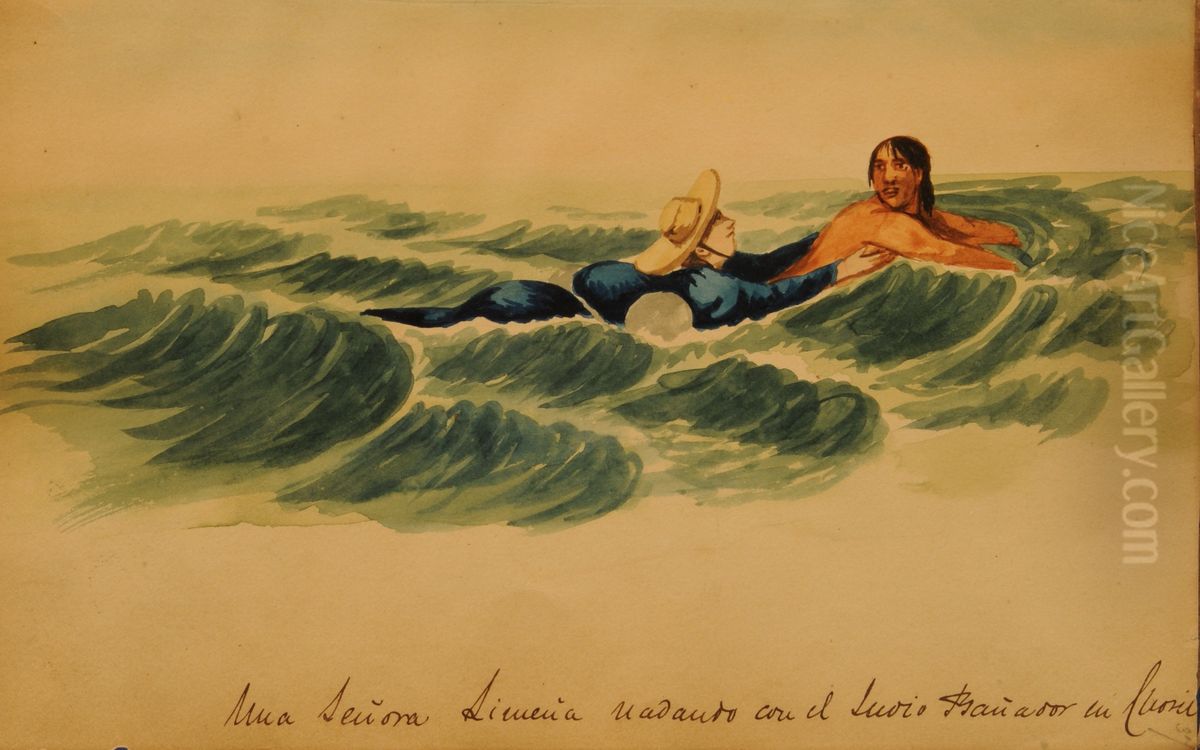 A Lima lady swimming with the Indian swimsuit in Chosil Oil Painting by Pancho Fierro