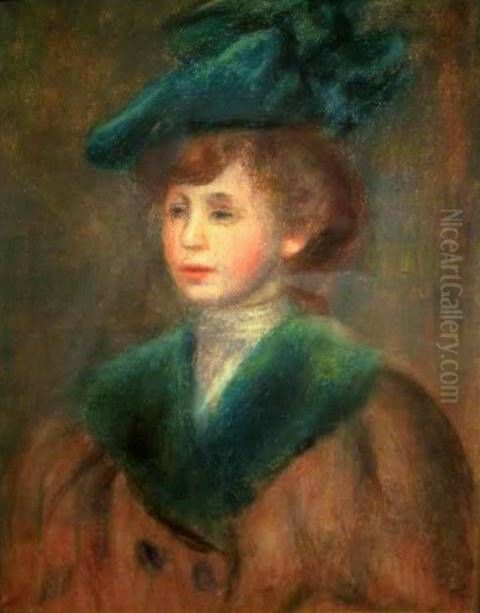 Moca com chapeu verde Oil Painting by Pierre Auguste Renoir