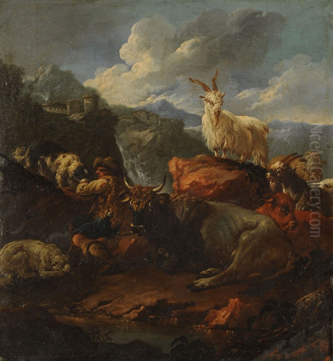 Shepherd and animals in a landscape Oil Painting by Philipp Peter Roos