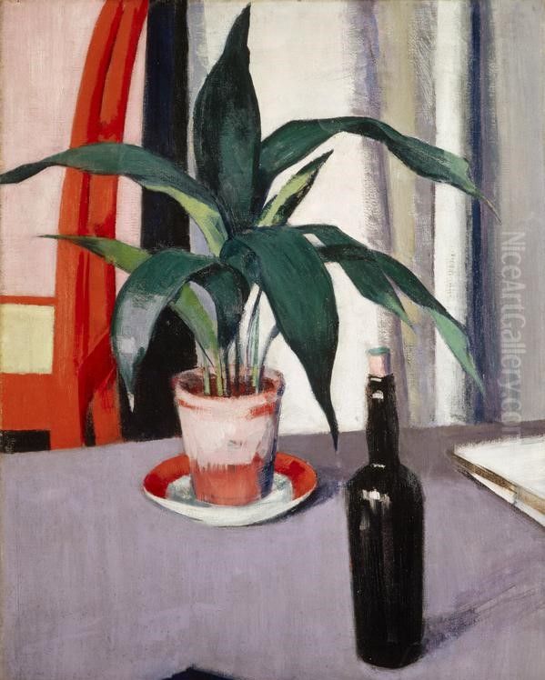 Aspidistra and Bottle on Table Oil Painting by unknown