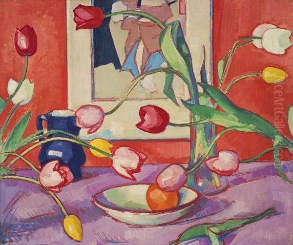 Tulips - The Blue Jug Oil Painting by Samuel Peploe