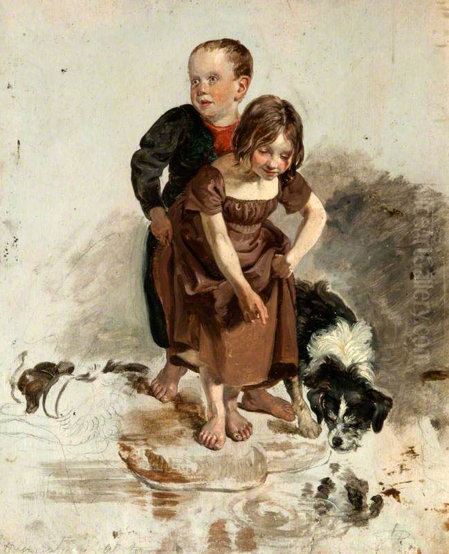 A Boy and a Girl with a Collie Dog Standing by a Stream (study for 'The Covenanters' Baptism') Oil Painting by George Harvey