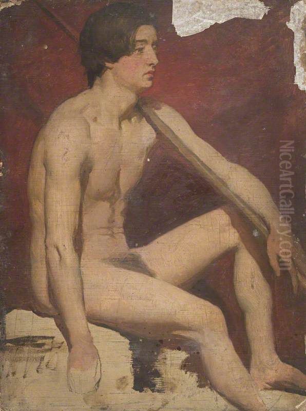 Life Study of a Seated Male Nude Holding a Staff Oil Painting by William McTaggart