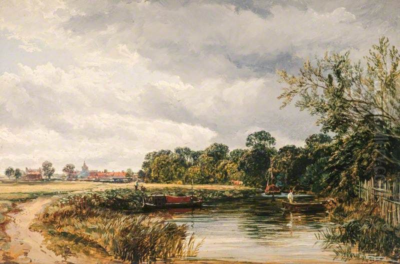 An English Canal Scene Oil Painting by Samuel Bough An English Canal Scene Oil Painting by Samuel Bough