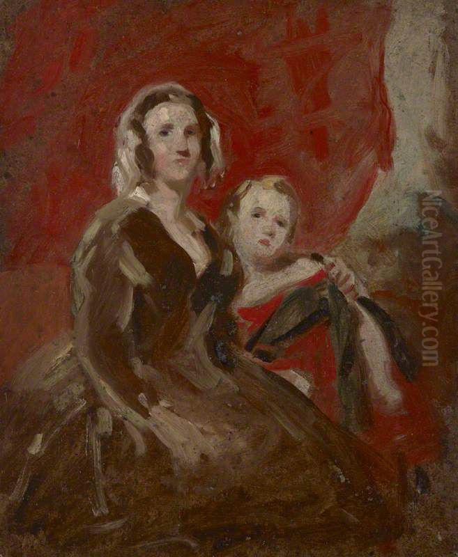 A Portrait Study of a Lady and Child in an Interior Oil Painting by Daniel Macnee