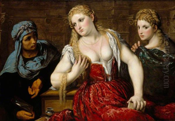 Venetian Women at their Toilet Oil Painting by Paris Bordone