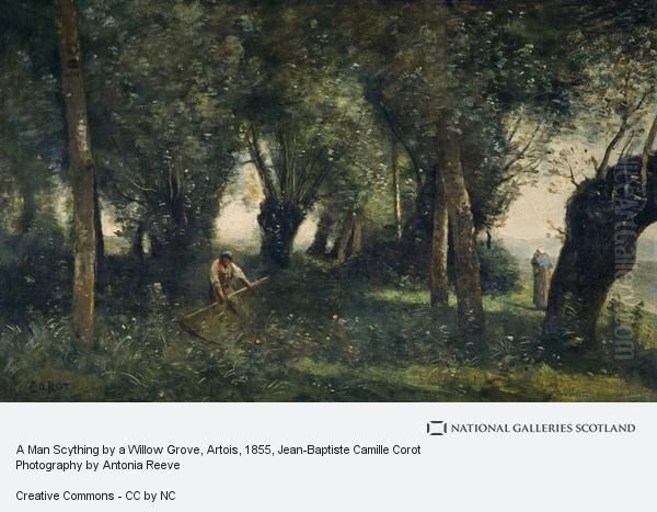 A Man Scything by a Willow Grove, Artois Oil Painting by Jean-Baptiste Camille Corot