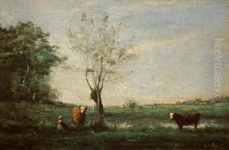 Landscape with Two Cows Oil Painting by Jean-Baptiste Camille Corot