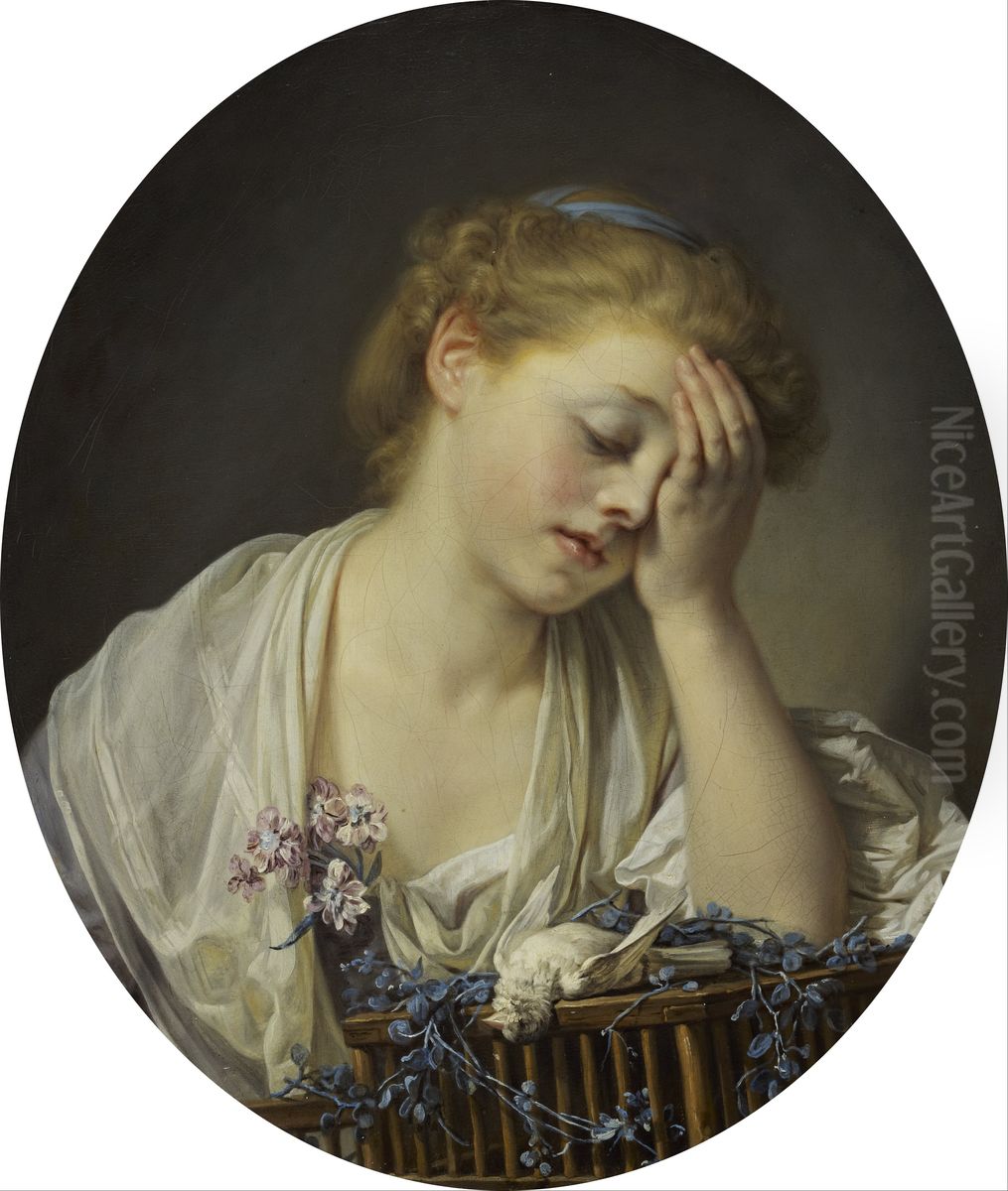 A Girl with a Dead Canary Oil Painting by Jean-Baptiste Greuze