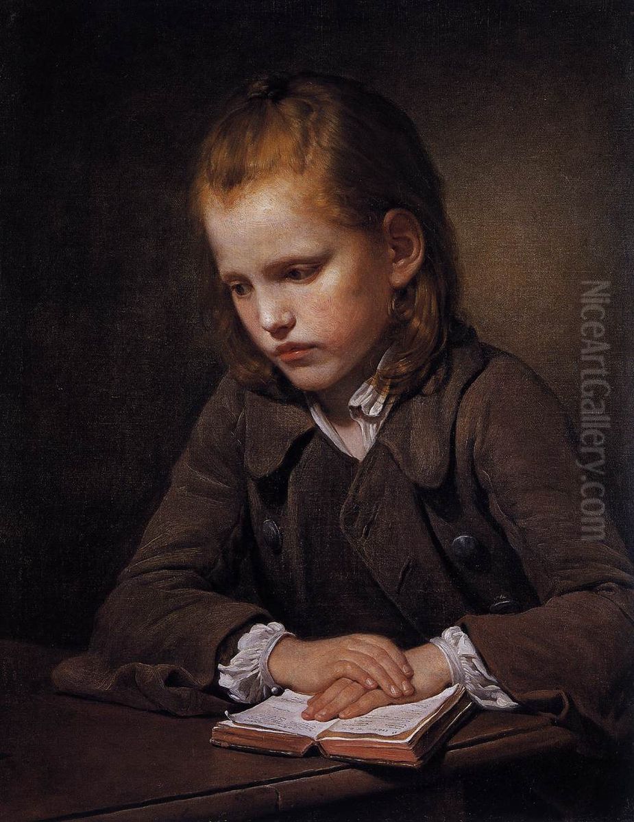 A Boy with a Lesson-book - A Student Oil Painting by Jean-Baptiste Greuze