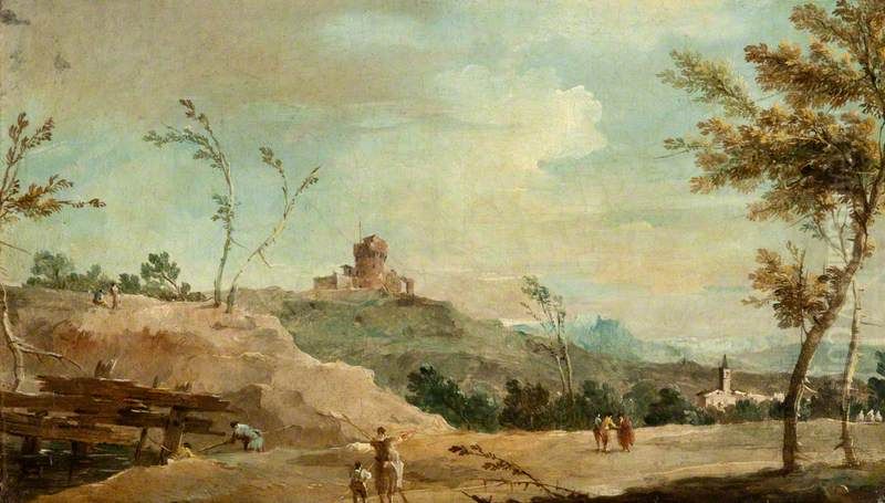 Hilly Landscape with a Ruined Tower Oil Painting by Francesco Guardi