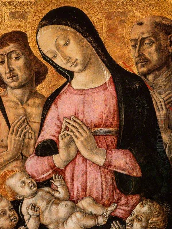 The Virgin and Child with Saint Sebastian, Saint Francis and Angels Oil Painting by Matteo Di Giovanni