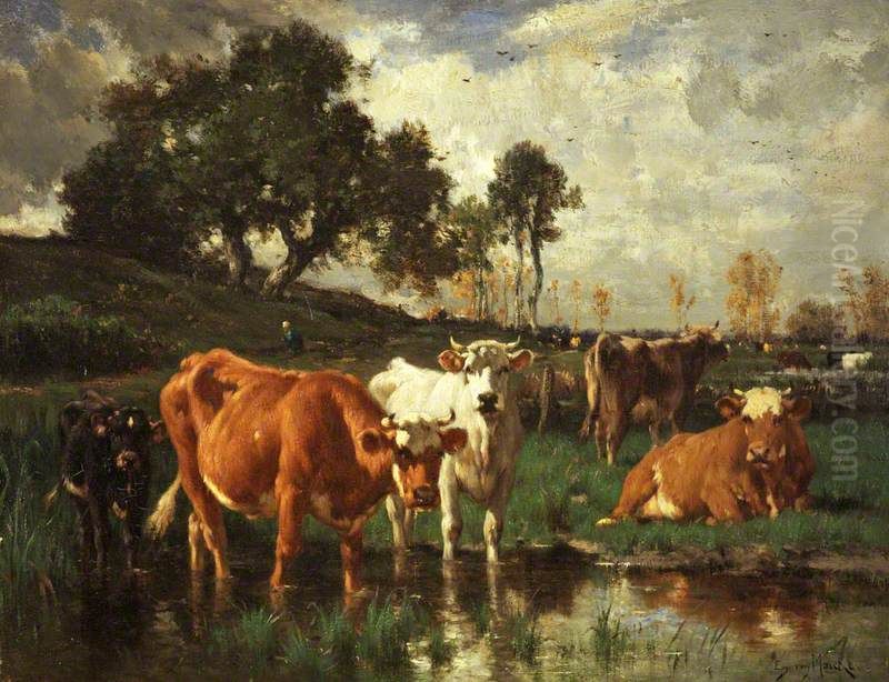 Grazing Cattle Oil Painting by Emile Van Marcke De Lumman