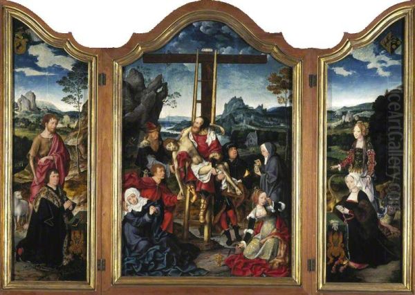 Saint John the Baptist wit a donor (left), the Descent from the cross (centre), Saint Mary Magdalen with a donatrix (right) Oil Painting by Joos Van Cleve