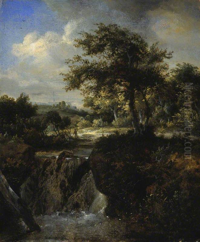 A Waterfall in a Wood Oil Painting by Meindert Hobbema