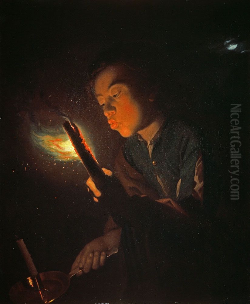 A Boy Blowing on a Firebrand to Light a Candle Oil Painting by Godfried Schalcken
