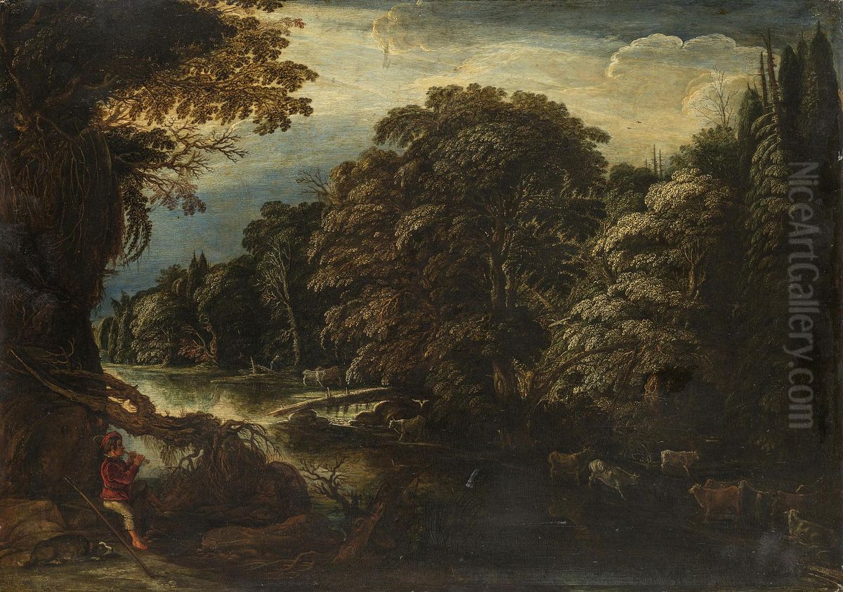 Wooded river landscape with herdsmen scene Oil Painting by Adam Elsheimer