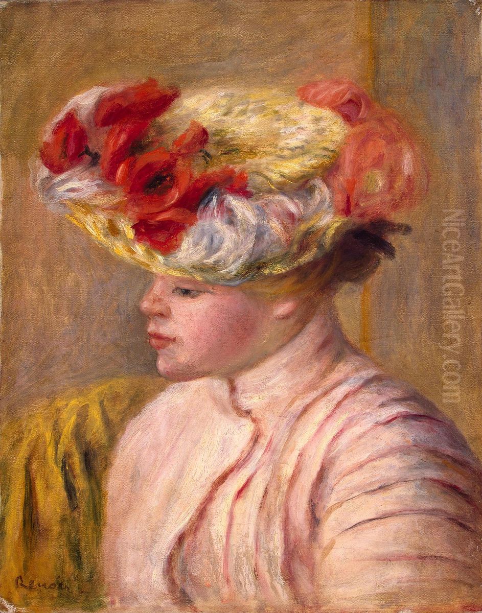 Young Woman in a Flowered Hat Oil Painting by Pierre Auguste Renoir