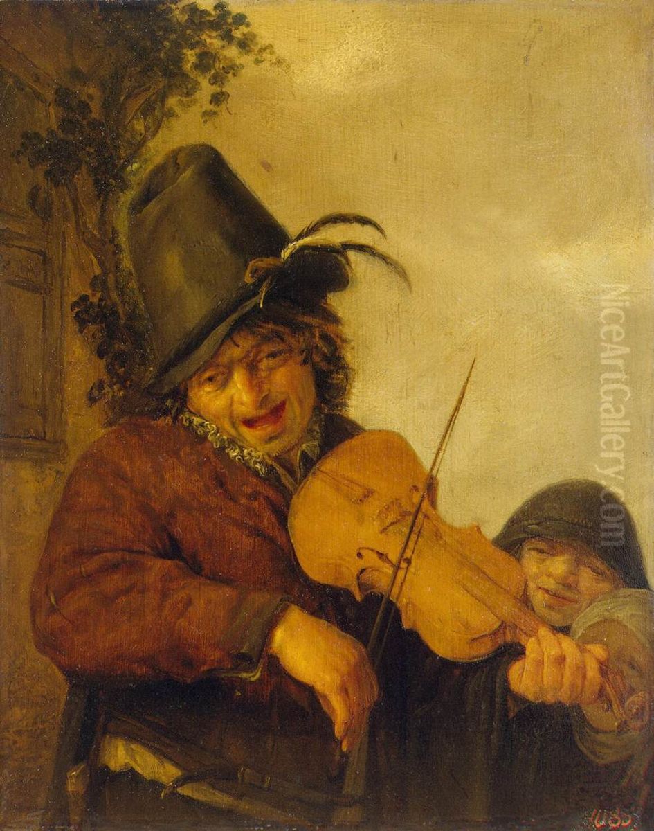 Violinist with two children. Oil Painting by Adriaen van Ostade