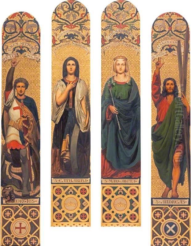 Four Saints (St George, St Catherine, St Margaret and St Andrew) after designs by Alexander Christie and Silas Rice Oil Painting by Thomas Faed
