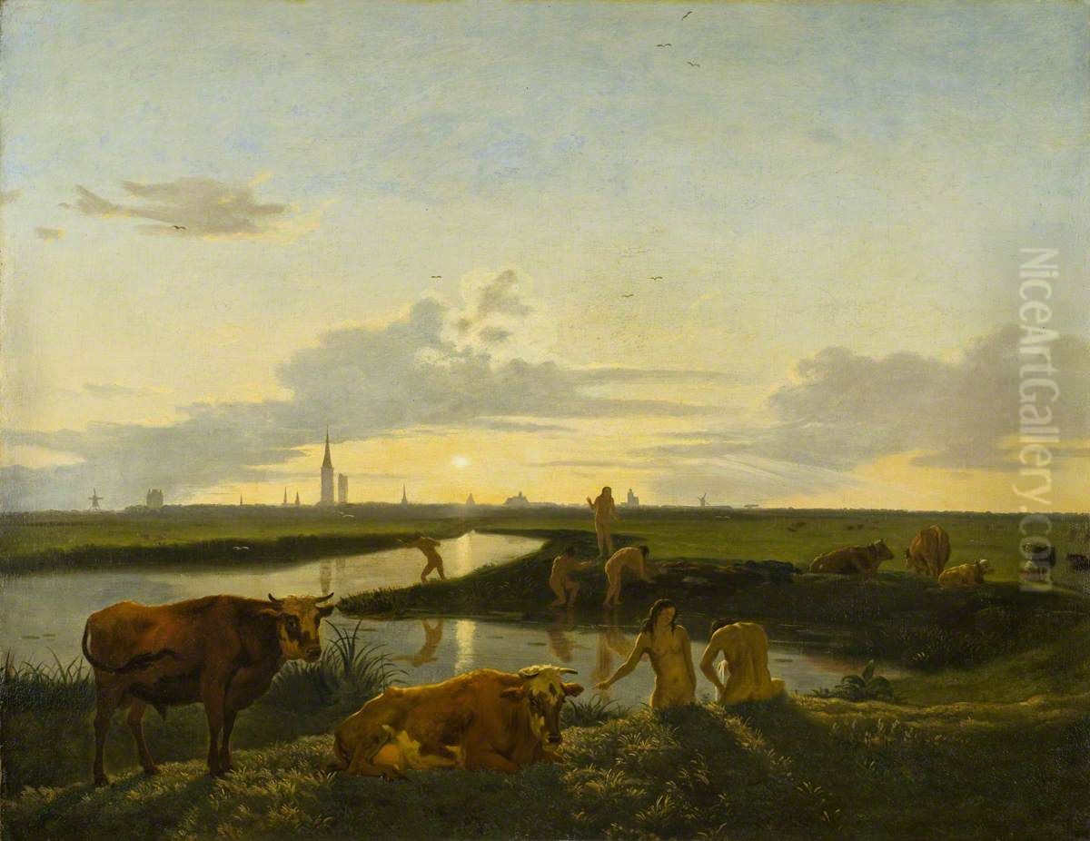 Canal Landscape with Figures Bathing Oil Painting by Hendrick ten Oever