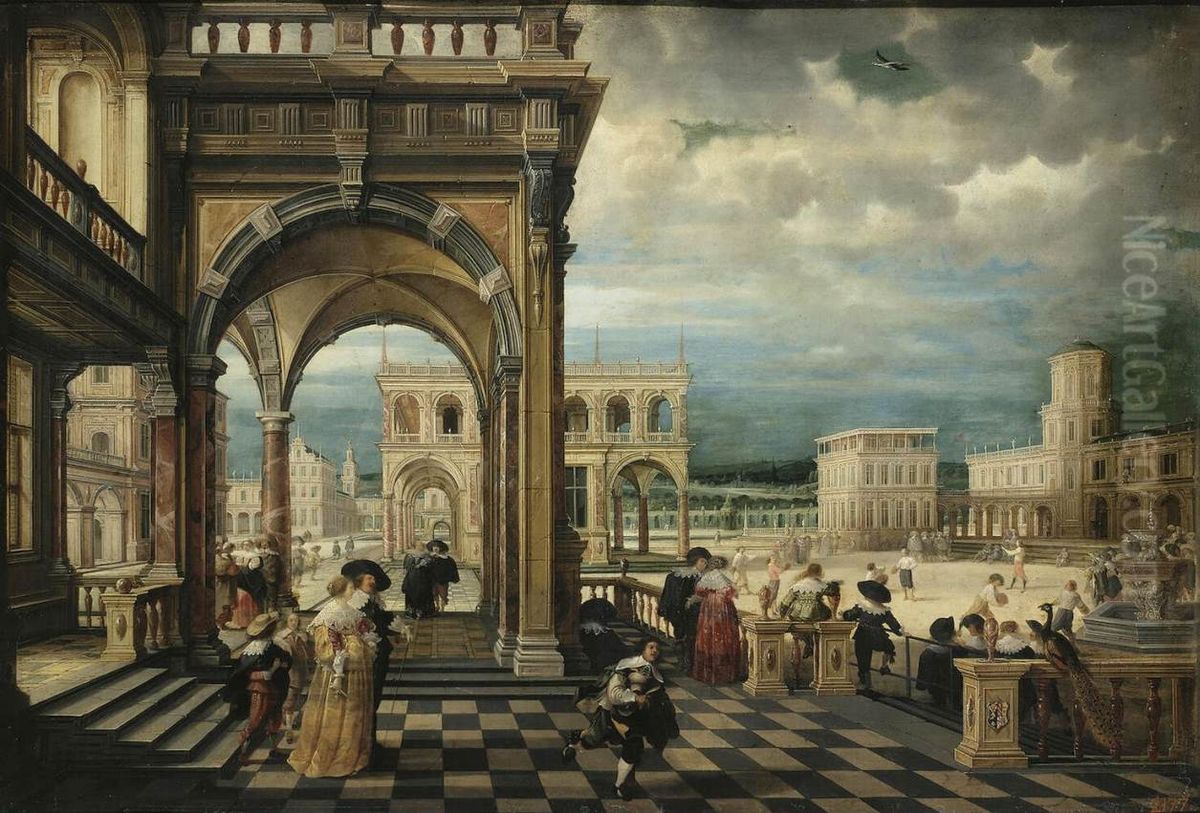 Italian Palace Oil Painting by Hendrik van Steenwijk II