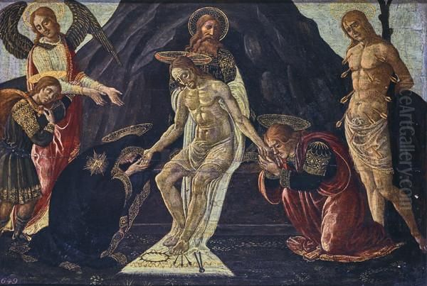 Christ as the Man of Sorrows, with the Archangel Raphael, the Young Tobias and Saint Sebastian Oil Painting by Jacopo da Sellaio