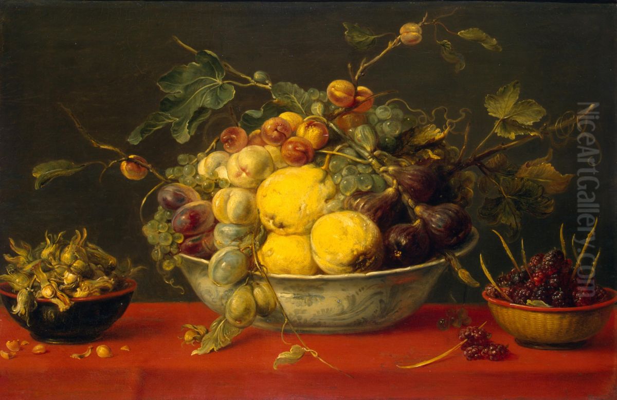 Fruit in a Bowl on a Red Cloth Oil Painting by Frans Snyders