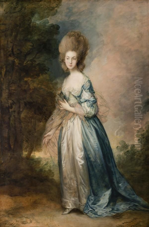 Portrait of Selina Thistlethwayte of Norman Court, full-length in blue and white dress Oil Painting by Thomas Gainsborough