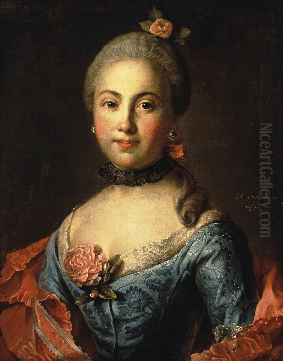 Portrait of a Woman in a Blue Dress Oil Painting by Ivan Argunov
