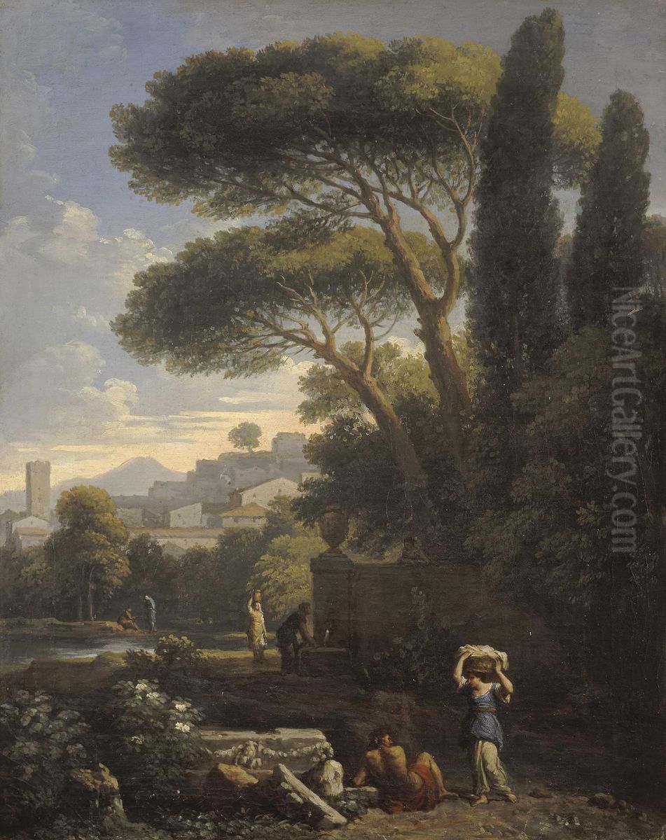 Landscape in Latium with Three Female Figures by a Fountain Oil Painting by Jan Frans van Bloemen