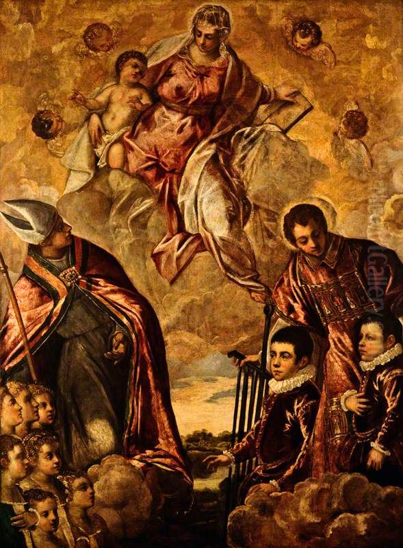 Saint Lawrence and a Bishop Saint with a Group of Children interceding with the Virgin and Child Oil Painting by Jacopo Tintoretto