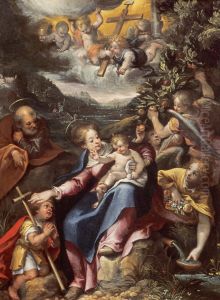 De Heilige Familie met Johannes de Doper als kind en engelen in een landschap