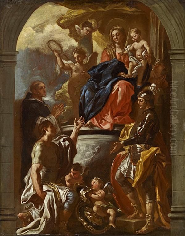 Madonna and Child Enthroned with Saint Peter Martyr and Two Warrior Saints Oil Painting by Francesco Solimena