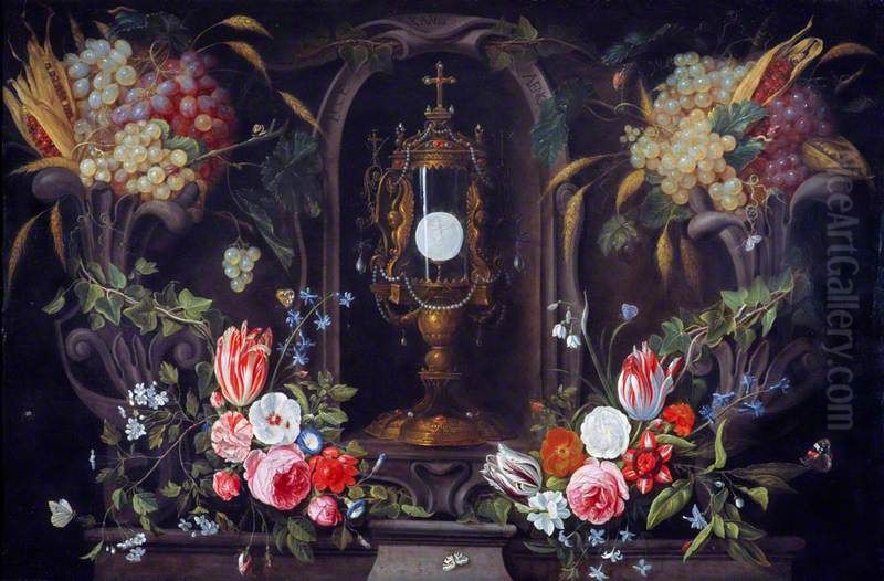 Still Life of Flowers and Grapes encircling a Monstrance in a Niche Oil Painting by Jan van, the Younger Kessel