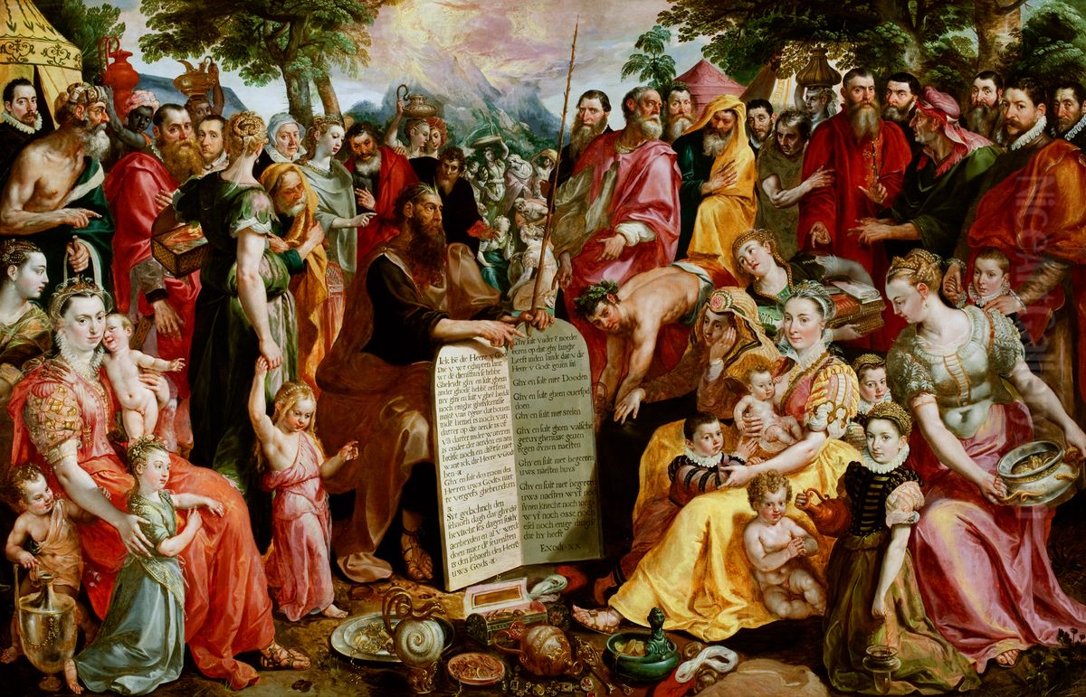 Moses Showing the Tablets of the Law to the Israelites, with Portraits of Members of the Panhuys Family, their Relatives and Friends Oil Painting by Maerten De Vos