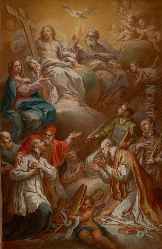The Virgin recommending a group of Saints to the Holy Trinity Oil Painting by Sebastiano Conca