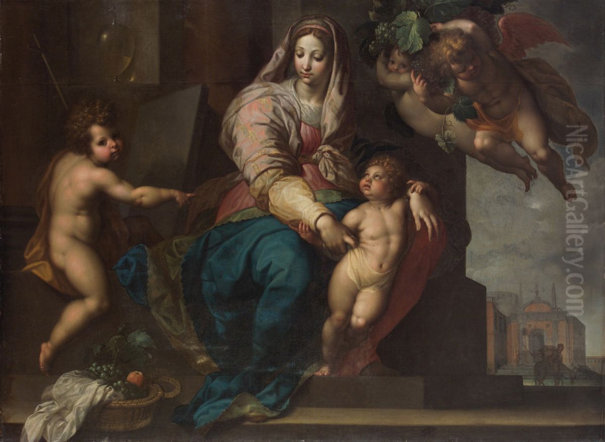 Maria mit Kind, Johannesknaben und Engeln Oil Painting by Jacob Adriaensz Backer