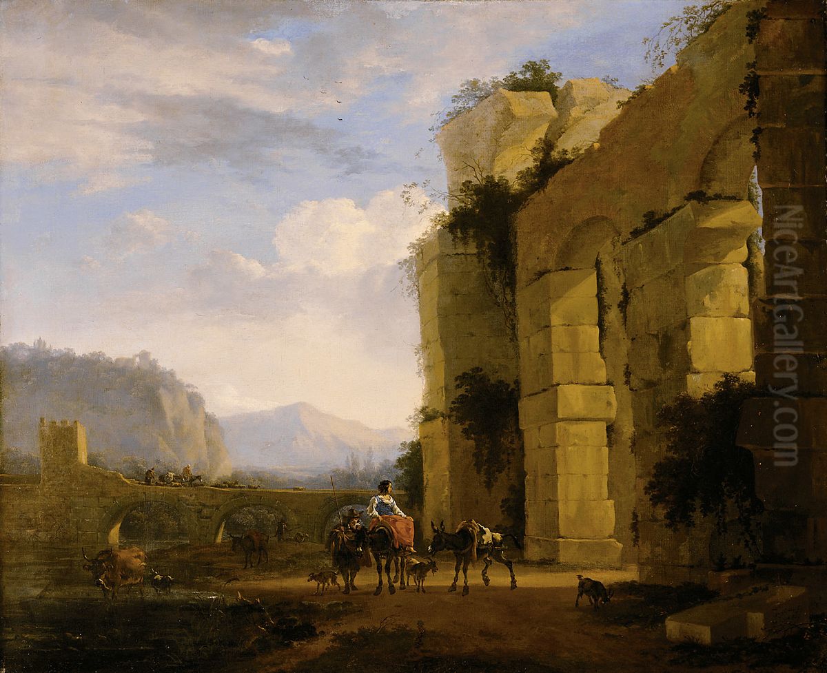 Landscape with the ruin of an aquaduct Oil Painting by Nicolaes Pieterszoon Berchem
