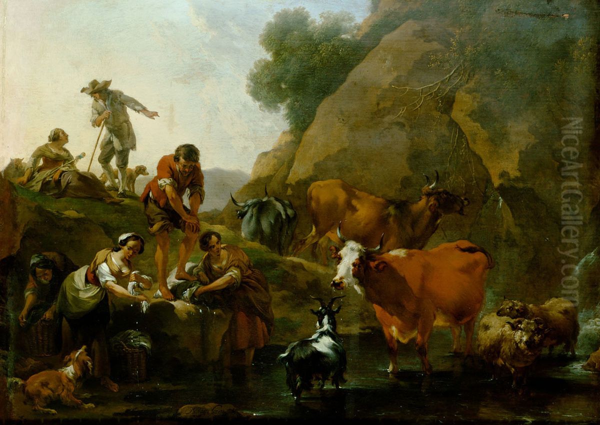 Viehherde mit waschenden Frauen Oil Painting by Nicolaes Pieterszoon Berchem