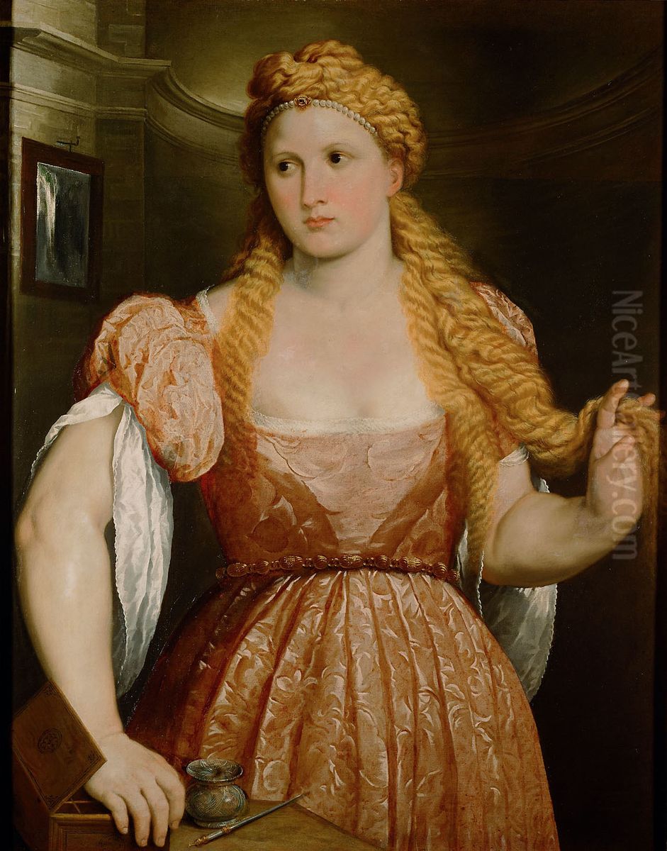 Bildnis einer jungen Frau am Putztisch Oil Painting by Paris Bordone