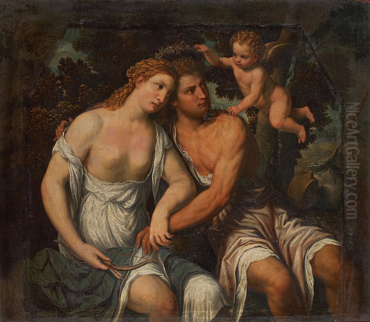 Venus   and  Adonis Oil Painting by Paris Bordone