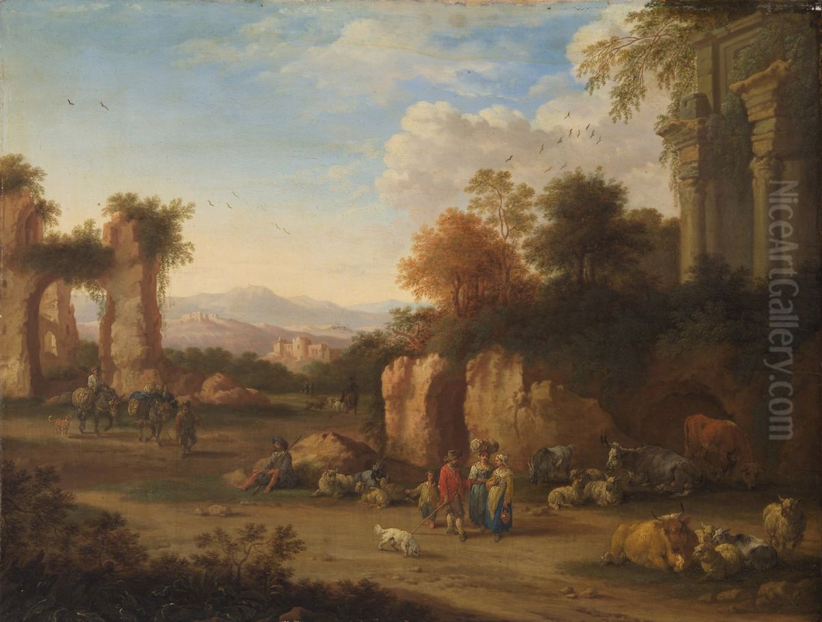 Italian landscape with ancient ruins and peasants Oil Painting by Pieter Bout